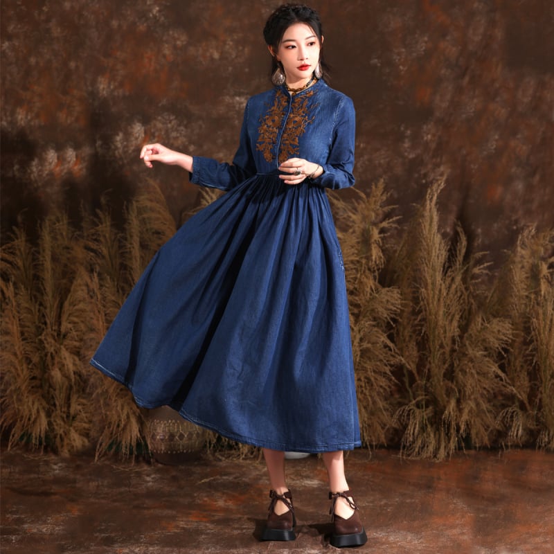 Voľné šaty veľkej veľkosti s deväťštvrťovými rukávmi, jar 2025, nová retro vyšívaná džínsová sukňa, stredne dlhá sukňa 82582