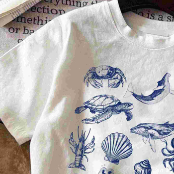 Dámske letné tričko s okrúhlym výstrihom a krátkym rukávom s potlačou morských zvierat a písmen, cezhraničný zahraničný obchod medzi Európou a Spojenými štátmi