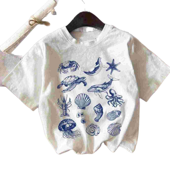 Dámske letné tričko s okrúhlym výstrihom a krátkym rukávom s potlačou morských zvierat a písmen, cezhraničný zahraničný obchod medzi Európou a Spojenými štátmi
