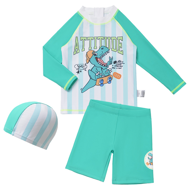 Piiriülene poiste dinosauruseteemaline ujumistrikoo, poiste päikesekindlad pikkade varrukatega lühikesed püksid, suurte poiste ujumispükste varustus
