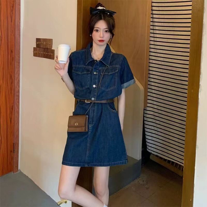 Rifľové šaty vo francúzskom štýle 2024 Nové dámske oblečenie Letný oblek Spice Girl Dlhé šaty pre malého muža Elegantná prestávka na čaj