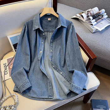 Dámska vintage džínsová košeľová bunda Stacked-up, nová voľná, univerzálna, s flísovou podšívkou, zahustená, teplá vnútorná džínsová košeľa pre ženy
