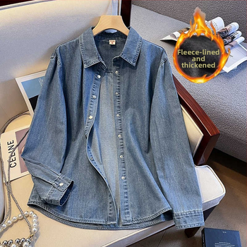 Dámska vintage džínsová košeľová bunda Stacked-up, nová voľná, univerzálna, s flísovou podšívkou, zahustená, teplá vnútorná džínsová košeľa pre ženy