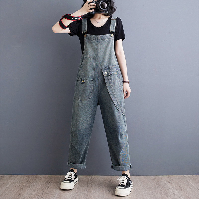 2024. gada vasaras jauns māksliniecisks retro liela izmēra brīvs, ērts ikdienas džinsa kombinezons sievietēm