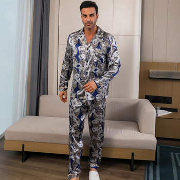 Ανδρικό κοστούμι πιτζάμας τύπου δράκου με τσέπες και casual πέτα, τοπ και παντελόνι με μακριά μανίκια από μείγμα πολυεστέρα