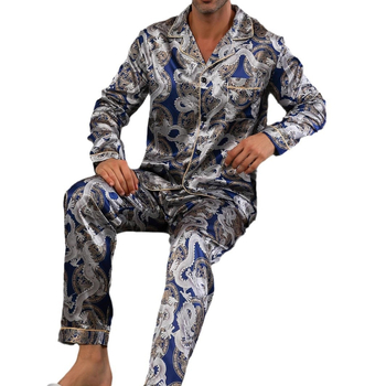 Ανδρικό κοστούμι πιτζάμας τύπου δράκου με τσέπες και casual πέτα, τοπ και παντελόνι με μακριά μανίκια από μείγμα πολυεστέρα