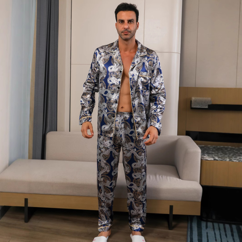 Pánske pyžamo s drakom, vreckami a ležérnymi klopami, dlhým rukávom a nohavicami zo zmesi polyesteru