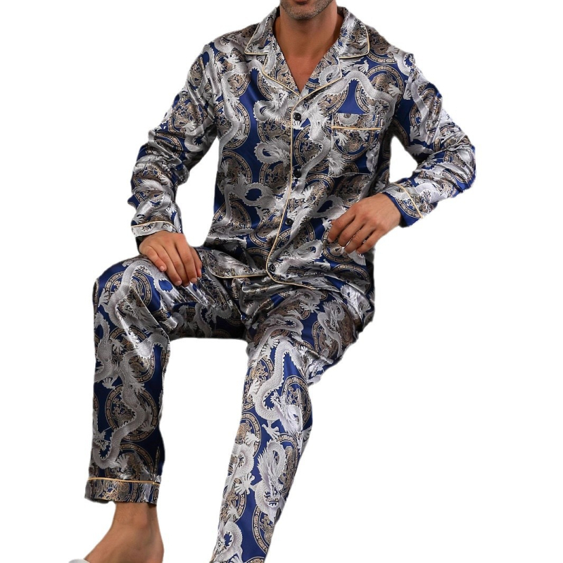 Pánske pyžamo s drakom, vreckami a ležérnymi klopami, dlhým rukávom a nohavicami zo zmesi polyesteru