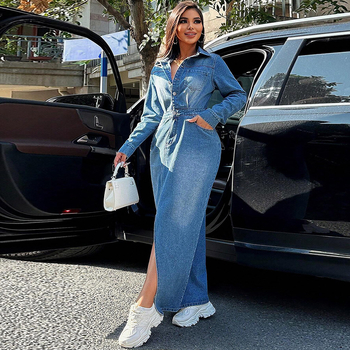 218617 Dámske dlhé šaty s dlhým rukávom a rozparkom, voľné, s klopou, priamy predaj z továrne, cezhraničný predaj z Európy a Ameriky