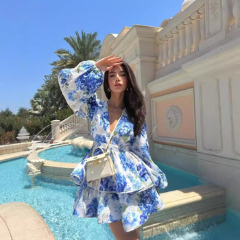 Európske a americké dámske zahraničné obchodné veľkoobchodné svieže dievčenské šaty s potlačou, výstrih do V s dlhým rukávom, laminovaná sukňa