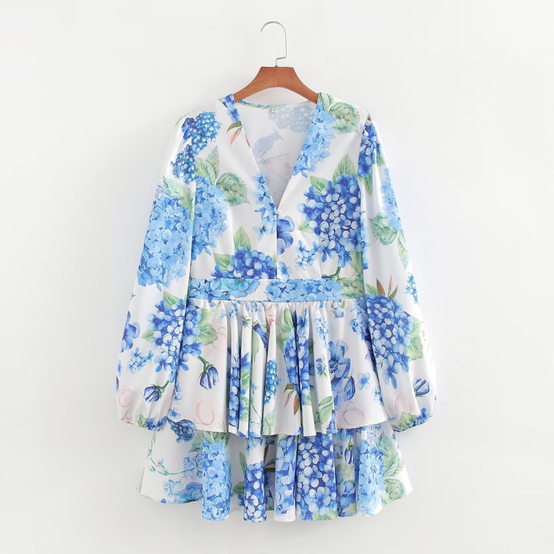 Európske a americké dámske zahraničné obchodné veľkoobchodné svieže dievčenské šaty s potlačou, výstrih do V s dlhým rukávom, laminovaná sukňa