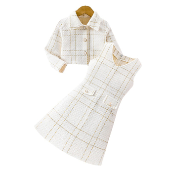 Μικρό, αρωματικό κοστούμι για κορίτσια εξωτερικού εμπορίου, μεγάλο παιδικό λευκό παλτό με πέτα, ριγέ φούστα με σκελετό, παιδικό κοστούμι δύο τεμαχίων