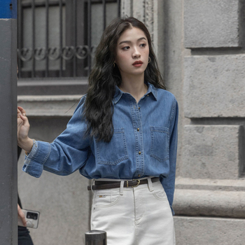 Dámska modrá džínsová košeľa s dlhým rukávom, skorá jeseň, nový kórejský dizajn niky, voľná ležérna tenká bunda