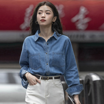 Dámska modrá džínsová košeľa s dlhým rukávom, skorá jeseň, nový kórejský dizajn niky, voľná ležérna tenká bunda