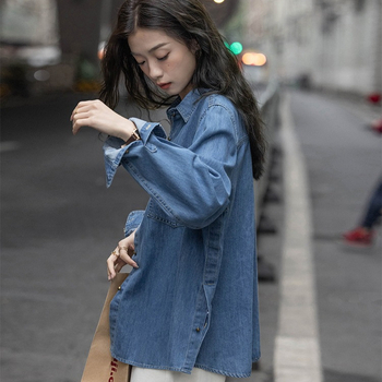Dámska modrá džínsová košeľa s dlhým rukávom, skorá jeseň, nový kórejský dizajn niky, voľná ležérna tenká bunda