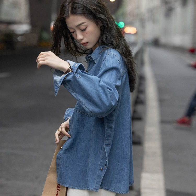 Dámska modrá džínsová košeľa s dlhým rukávom, skorá jeseň, nový kórejský dizajn niky, voľná ležérna tenká bunda