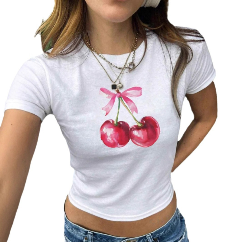 Nové letné slim fit tričko Spice Girl s potlačou ovocia a čerešní, dámske oblečenie, trend