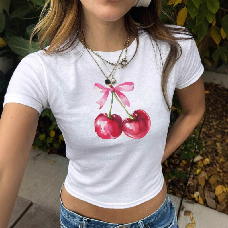 Nové letné slim fit tričko Spice Girl s potlačou ovocia a čerešní, dámske oblečenie, trend