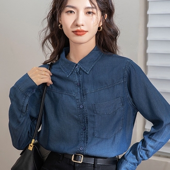 Tmavomodrá džínsová košeľa Tencel Denim Dámska tenká, skladaná, malá jarná a jesenná spodná bielizeň v hongkonskom štýle, retro mäkký džínsový top