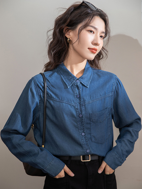 Tmavomodrá džínsová košeľa Tencel Denim Dámska tenká, skladaná, malá jarná a jesenná spodná bielizeň v hongkonskom štýle, retro mäkký džínsový top