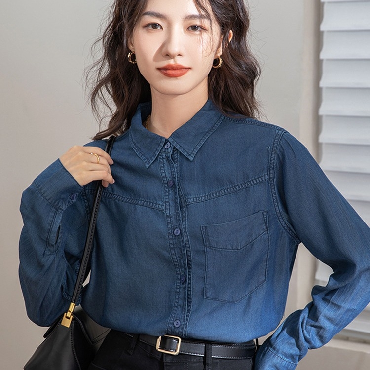 Tmavomodrá džínsová košeľa Tencel Denim Dámska tenká, skladaná, malá jarná a jesenná spodná bielizeň v hongkonskom štýle, retro mäkký džínsový top