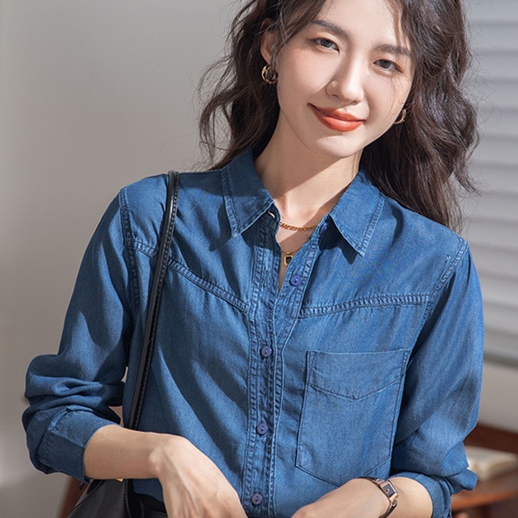 Tmavomodrá džínsová košeľa Tencel Denim Dámska tenká, skladaná, malá jarná a jesenná spodná bielizeň v hongkonskom štýle, retro mäkký džínsový top