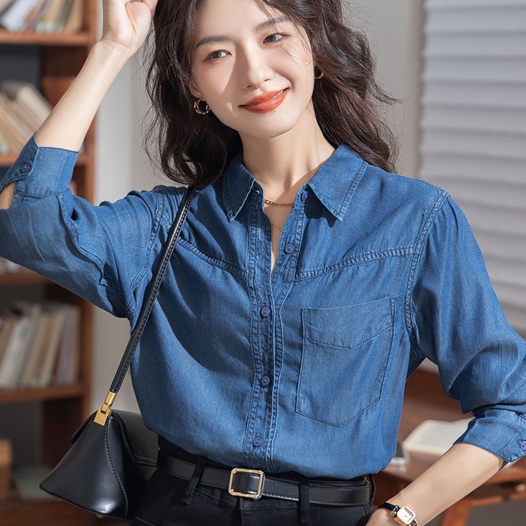 Tmavomodrá džínsová košeľa Tencel Denim Dámska tenká, skladaná, malá jarná a jesenná spodná bielizeň v hongkonskom štýle, retro mäkký džínsový top