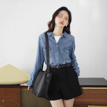 Πρωτότυπο Γυναικείο Πουκάμισο Patchwork με Μακρυμάνικο Στυλ για Άνοιξη/Καλοκαίρι, Λεπτό Πουκάμισο, Τζιν Μπουφάν Tencel με Μακρυμάνικο Στυλ