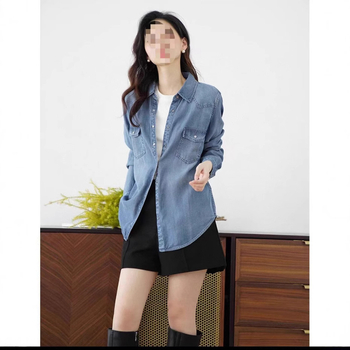 Πρωτότυπο Γυναικείο Πουκάμισο Patchwork με Μακρυμάνικο Στυλ για Άνοιξη/Καλοκαίρι, Λεπτό Πουκάμισο, Τζιν Μπουφάν Tencel με Μακρυμάνικο Στυλ