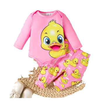 Βρεφικό κοστούμι για όλες τις χώρες, σε ευρωπαϊκό και αμερικανικό επίπεδο, μακρυμάνικο καπέλο με στάμπα σε κίτρινο σχέδιο πάπιας, σετ δύο τεμαχίων με στάμπα σε κίτρινο σχέδιο πάπιας.