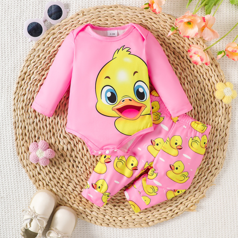 Cezhraničná európska a americká detská súprava, žltá kačička, dlhý rukáv, čiapka s potlačou kačice, žlté kačičky, nohavice s celou potlačou, dvojdielna súprava