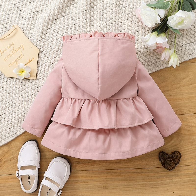 Dječji kaput za proljeće i jesen dugih rukava s volanima, jednostrukim kopčanjem i kapuljačom, europske i američke modne modne djevojčice