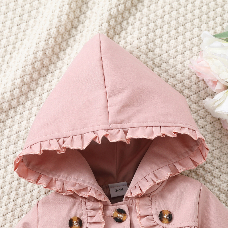 Dječji kaput za proljeće i jesen dugih rukava s volanima, jednostrukim kopčanjem i kapuljačom, europske i američke modne modne djevojčice