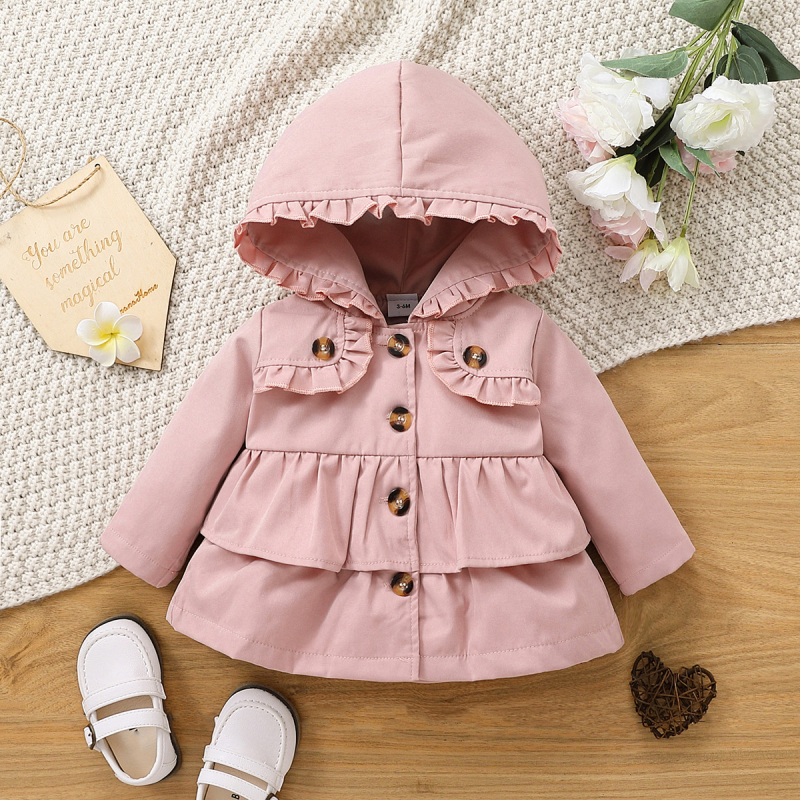 Dječji kaput za proljeće i jesen dugih rukava s volanima, jednostrukim kopčanjem i kapuljačom, europske i američke modne modne djevojčice