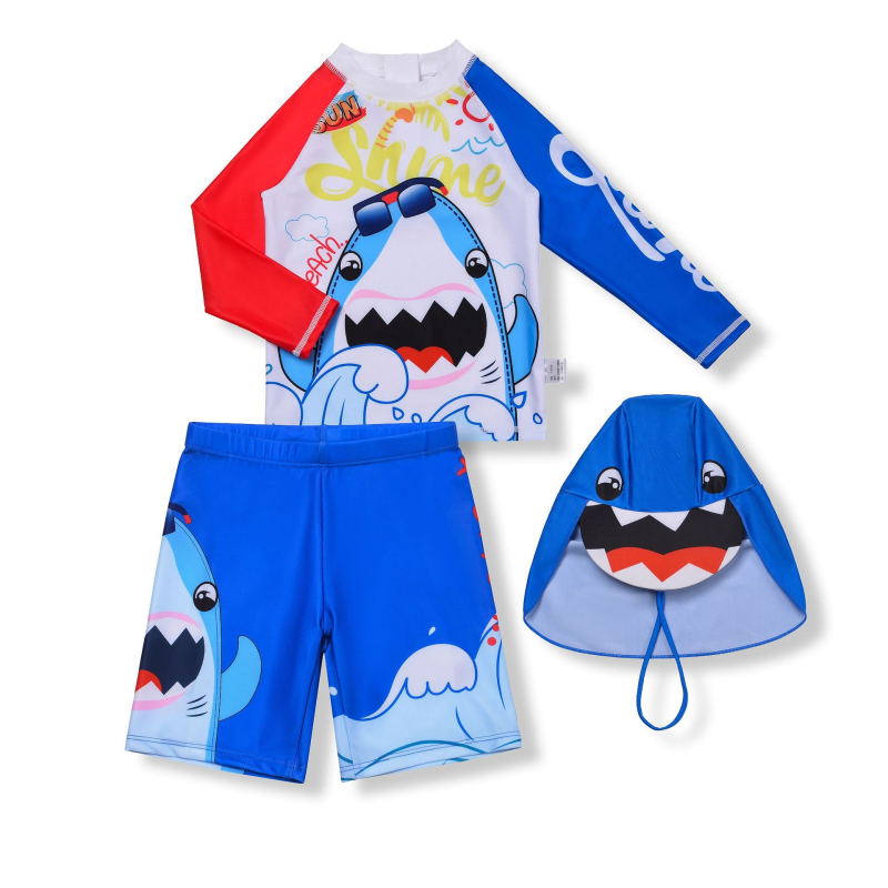 Detské plavky s dlhým rukávom a kresleným úsmevom so žralokom z továrne zahraničného obchodu, dvojdielne rýchloschnúce detské plavky s ochranou pred slnkom