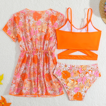 Παιδικό μαγιό 2025 Νέα, πορτοκαλί τυπωμένο μαγιό για κορίτσια, τριών τεμαχίων, φαρδιά σαλοπέτα με διασταυρούμενη γραμμή