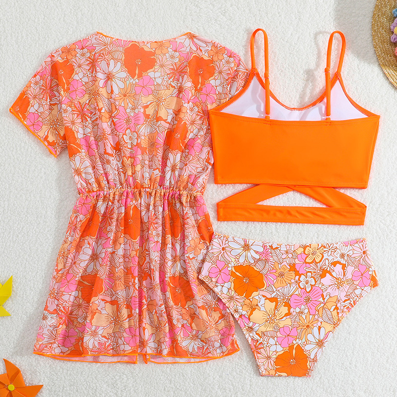 2025 Nové detské plavky Trojdielne oranžové potlačené dievčenské rozparky plavky s cezhraničným overalom Plavky