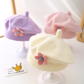 Beebimüts sügiseks ja talveks Naiste armas lilleline barett, laste villamüts, tüdrukute kootud maalija müts, trendikas