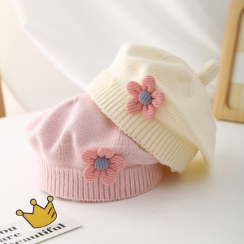 Beebimüts sügiseks ja talveks Naiste armas lilleline barett, laste villamüts, tüdrukute kootud maalija müts, trendikas