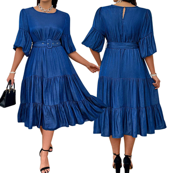 218622 Dámske džínsové šaty s okrúhlym výstrihom a naberanými rukávmi cez hranice, nové módne, zdroj, priamy predaj z továrne