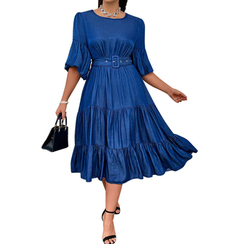 218622 Dámske džínsové šaty s okrúhlym výstrihom a naberanými rukávmi cez hranice, nové módne, zdroj, priamy predaj z továrne