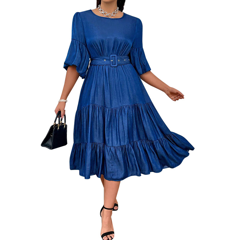 218622 Dámske džínsové šaty s okrúhlym výstrihom a naberanými rukávmi cez hranice, nové módne, zdroj, priamy predaj z továrne