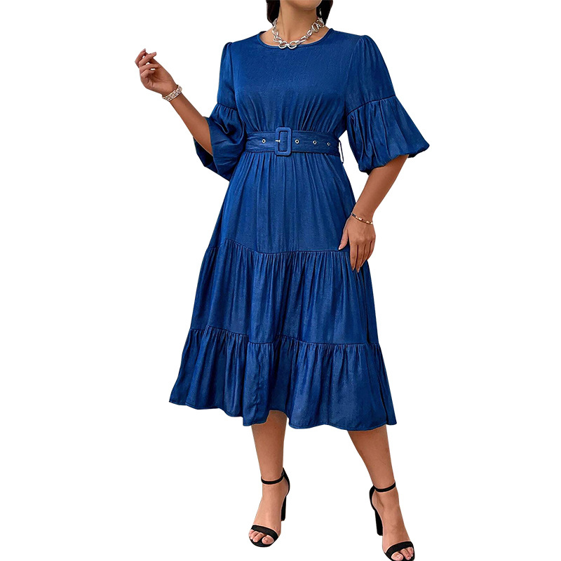 218622 Dámske džínsové šaty s okrúhlym výstrihom a naberanými rukávmi cez hranice, nové módne, zdroj, priamy predaj z továrne