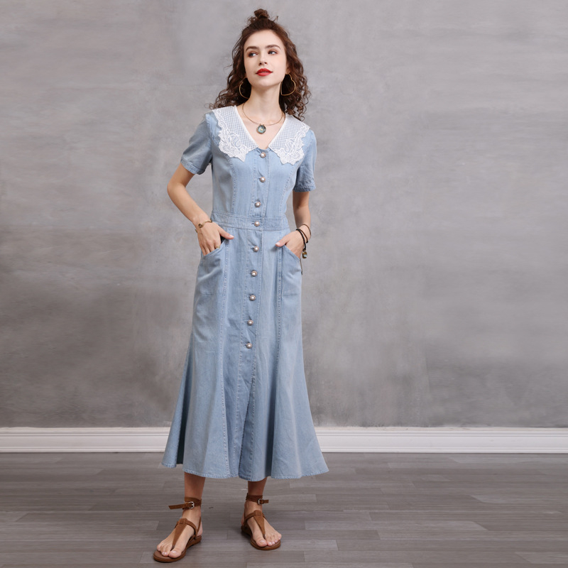 2025 Nové letné štýlové štíhle džínsové dlhé sukne s gombíkmi, retro spájaním listov, vyšívané šaty s krátkym rukávom A82309