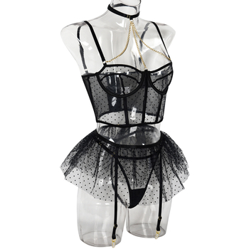 Euroopa ja Ameerika Ühendriikide piiriülene must laineline seksikas aluspesu kolmeosaline komplekt puhvis seelik seksikas ketiriba terasrõngaga perspektiivaluspesu naistele