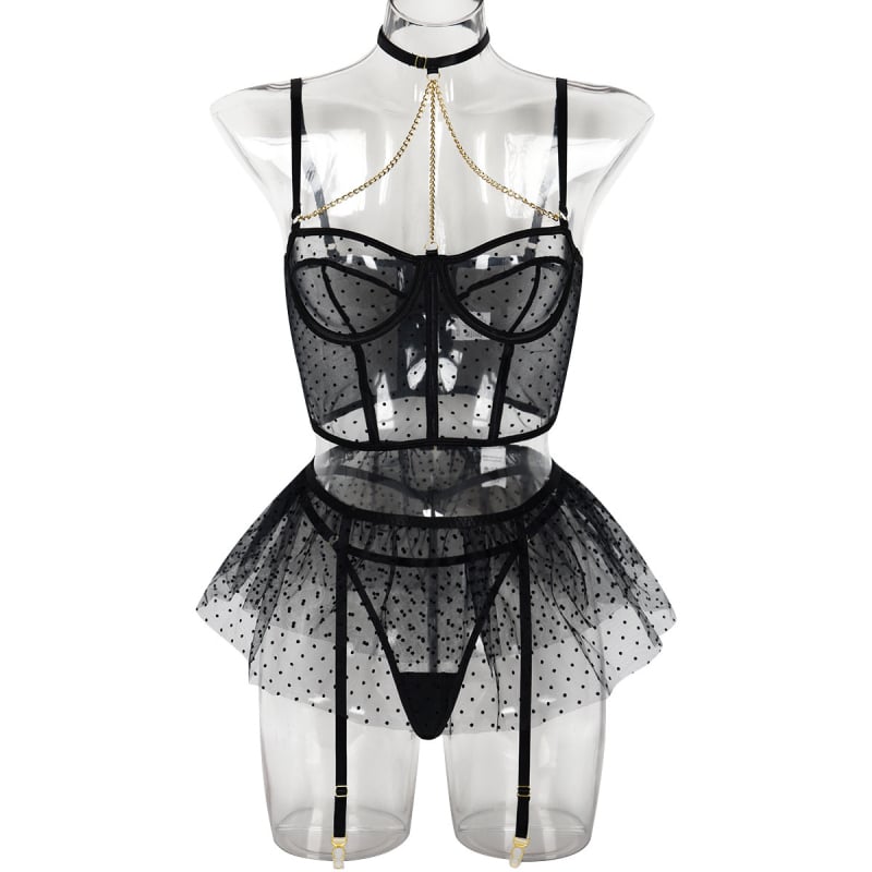 Lenjerie intimă sexy cu puncte ondulate negre transfrontaliere din Europa și Statele Unite, set de trei piese, fustă bufantă, sexy, cu lanț, bandă de oțel, inel de perspectivă, lenjerie intimă pentru femei