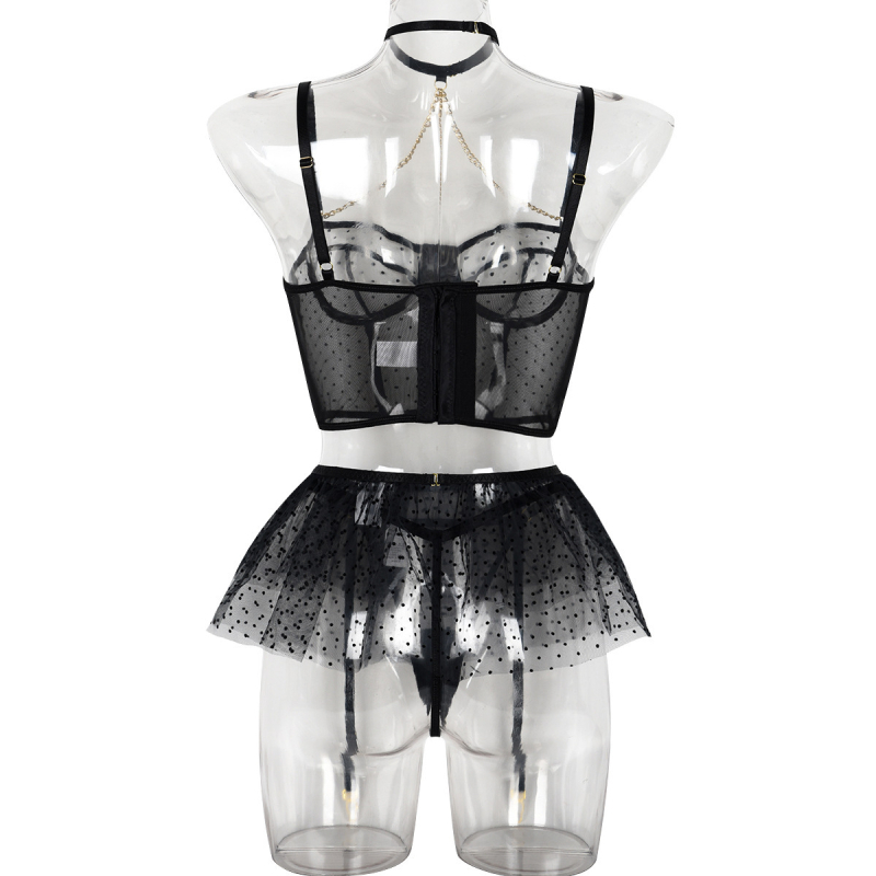 Euroopa ja Ameerika Ühendriikide piiriülene must laineline seksikas aluspesu kolmeosaline komplekt puhvis seelik seksikas ketiriba terasrõngaga perspektiivaluspesu naistele