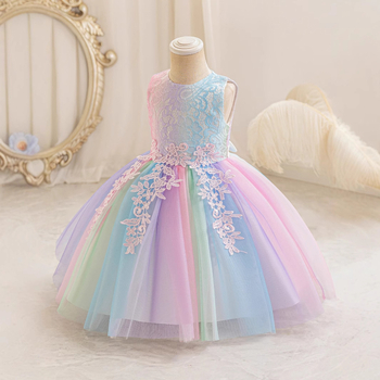 Dievčenské dúhové šaty s dlhým rukávom, sedemfarebné detské výkonnostné oblečenie, priadza Pengpeng, kvetinové šaty pre dievčatá, sukňa, zahraničný obchod, skladom