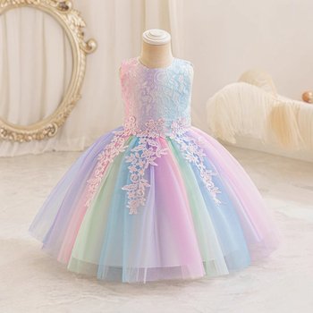 Dievčenské dúhové šaty s dlhým rukávom, sedemfarebné detské výkonnostné oblečenie, priadza Pengpeng, kvetinové šaty pre dievčatá, sukňa, zahraničný obchod, skladom