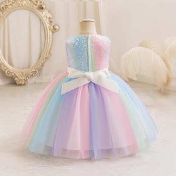Dievčenské dúhové šaty s dlhým rukávom, sedemfarebné detské výkonnostné oblečenie, priadza Pengpeng, kvetinové šaty pre dievčatá, sukňa, zahraničný obchod, skladom